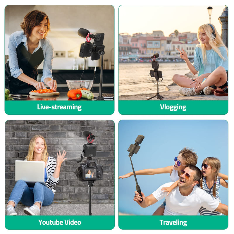 Smartphone Video Vlogging Kit with LED Light, Phone Holder, Microphone, Tripod Vertical & Horizontal Kit, Compatible with iPhone/Android, Content Creator Kit for YouTube Recording Facebook Live BLK