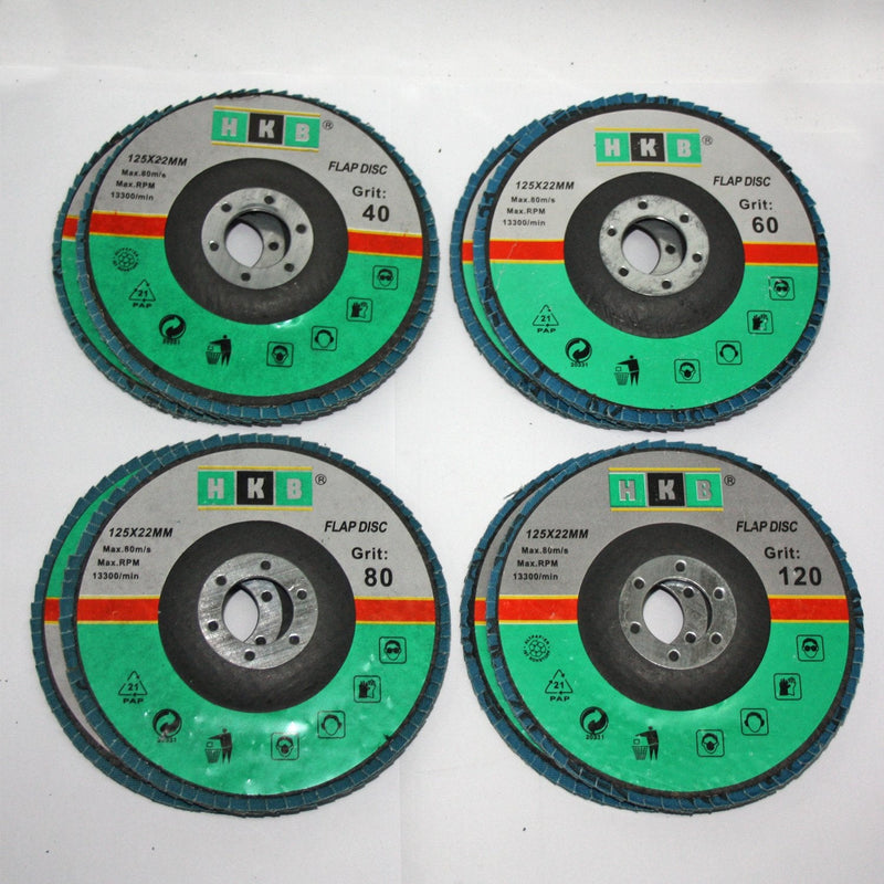 HKB ® Pack of 8 flap discs, 2x each grain 40, 60, 80, 120, grinding disc, grinding mop, 125x22mm, blue, zirconium, for stainless steel, metal, INOX, for flex and angle grinders, item no. 50145