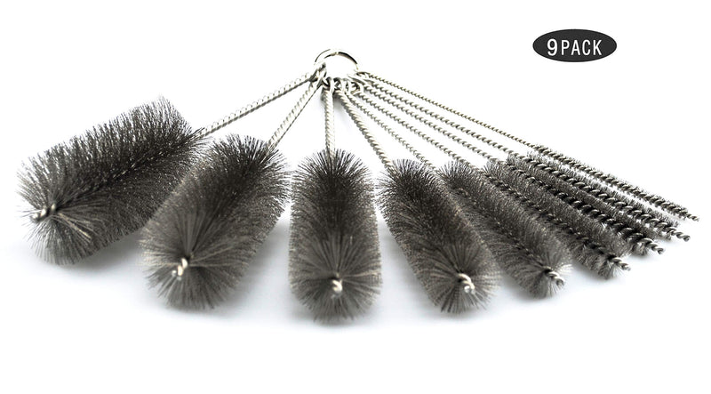 Pipe Cleaning Brush Set Stainless Steel Bristles, Stainless Steel Pipe Brush Steel Bottle Brush 9 Piece Variety Pack For Auto Parts, Bottles, Guns, Tubes, Etc.