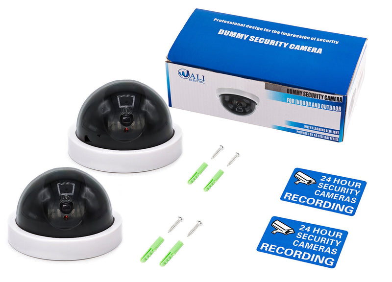 WALI Dummy Fake Security CCTV Dome Camera with Flashing Red LED Light with Security Alert Sticker Decals (SDW-2), 2 Packs, White