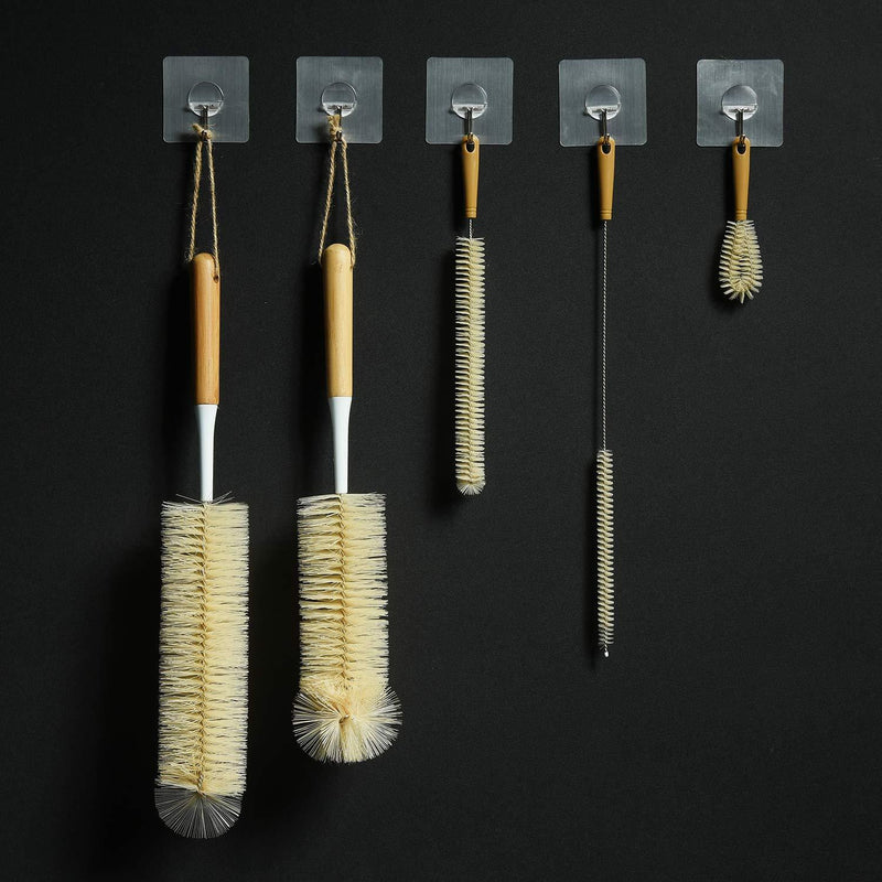 ALINK 5-Pack Bottle Brush Cleaner - Long Bamboo Handle Water Bottle Straw Cleaning Brush for Washing Narrow Neck Beer Wine Decanter, Baby/ Sports Bottle, Thermos, Flask Brown-bamboo