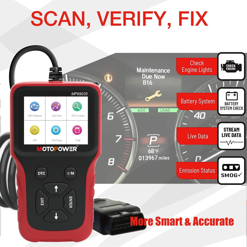 MOTOPOWER MP69035 OBD2 Scanner Universal Car Engine Fault Code Reader, CAN Diagnostic Scan Tool for All OBD II Protocol Cars Since 1996 Red