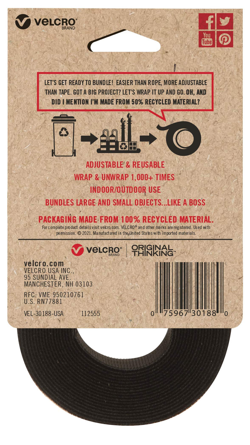 VELCRO Brand ECO Collection Cut to Length Straps, Double Sided Roll 10ft x 1in, Sustainable 50% Recycled Material, Black Wrap 'Em!