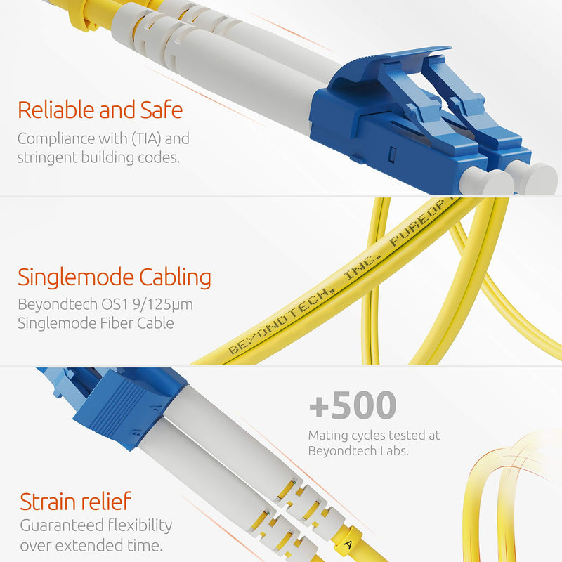 LC to LC Fiber Patch Cable Single Mode Duplex - 3m (9.84ft) - 9/125um OS1 LSZH - Beyondtech PureOptics Cable Series 3m (9ft) LC to LC