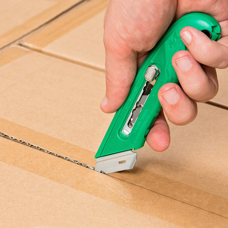 Pacific Handy Cutter S4R Safety Cutter, Retractable Utility Knife with an Ergonomical Design, Bladeless Tape Splitter, Steel Guard for Safety and Damage Protection, for Warehouse and In-Store Cutting , Green