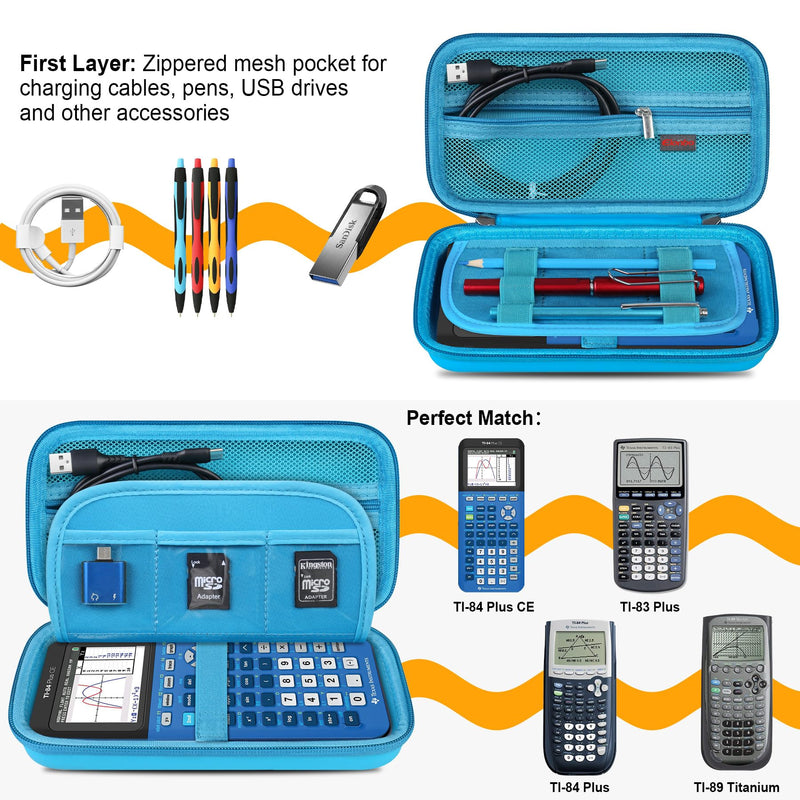 Elonbo Hard Travel Case for Texas Instruments TI-84 Plus CE/TI-84 Plus/TI-83 Plus CE Color Graphing Calculator, Extra Zipped Pocket fit Charging Cable Charger Manual. Blue