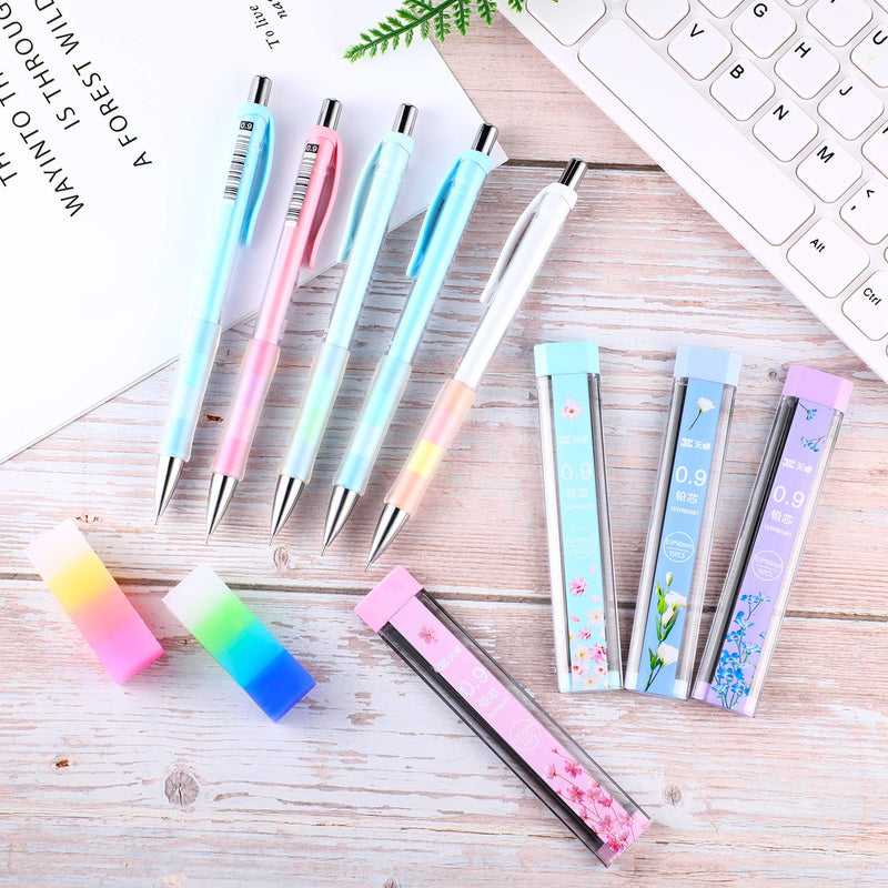 Mechanical Pencil Set Assorted 12 Pieces Mechanical Pencils, 4 Tubes of Pencil 0.9 mm Refills, 2 Pieces Erasers with Clear Plastic Bottle (Set 1)