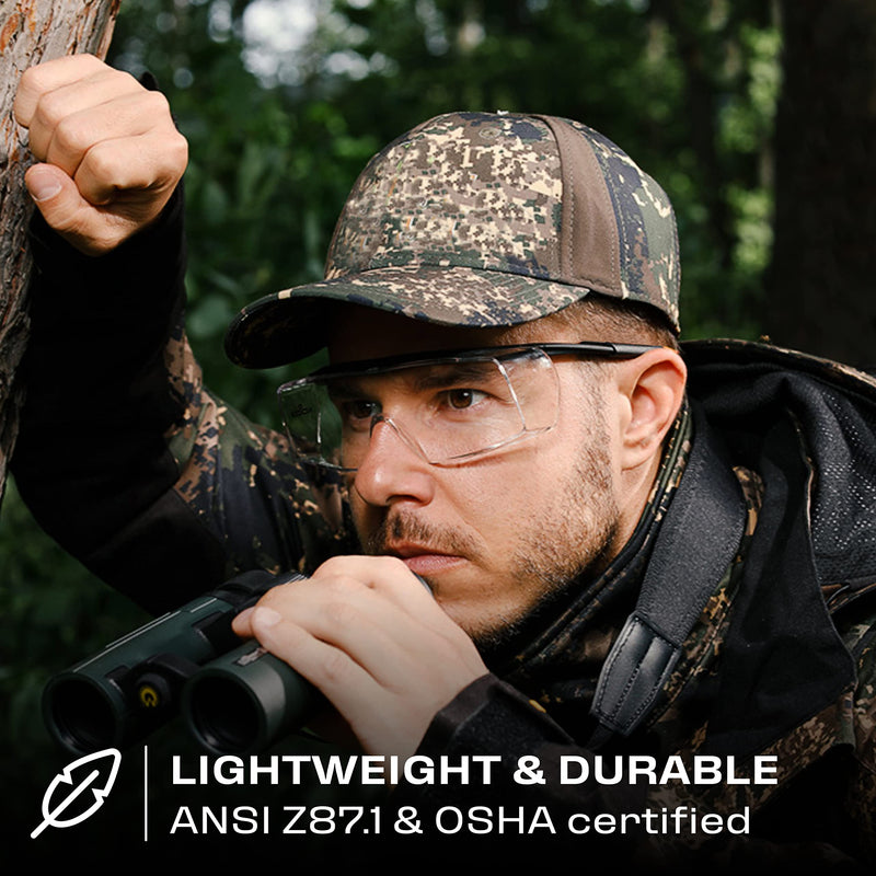 NoCry Safety Glasses That Fit Over Your Prescription Eyewear. Clear Anti-Scratch Wraparound Lenses, UV400 Protection, ANSI Z87 & OSHA Certified. Use in the Lab, Travelling, Black & Orange Frames