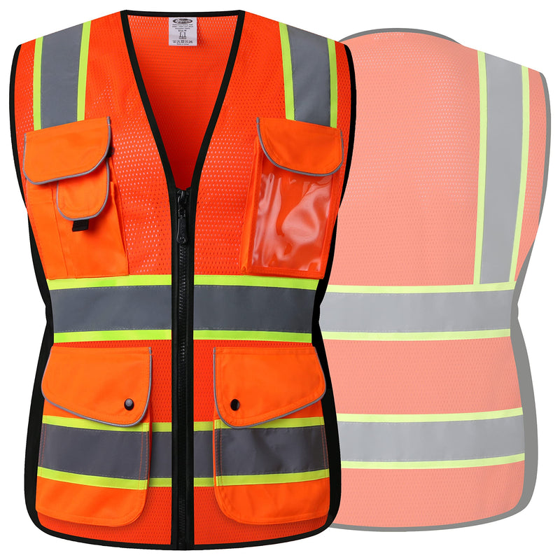 JKSafety 9 Pockets Women Hi-Vis Reflective Safety Vest | Mesh Neon Orange| Reflective Strips with Yellow Extended Trims | ANSI Compliant (168-Orange, S) Small V168-orange