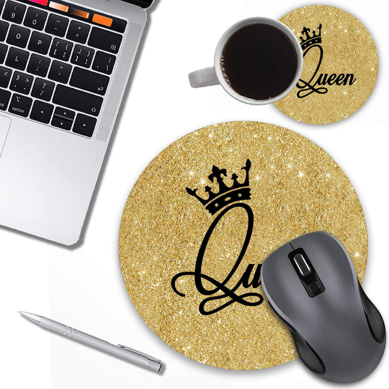 Round Mouse Pad with Coasters Set, Gold Glitter Quotes Crown Queen Design Mouse Pad, Non-Slip Rubber Base Mouse Pads for Laptop and Computer Office Accessories