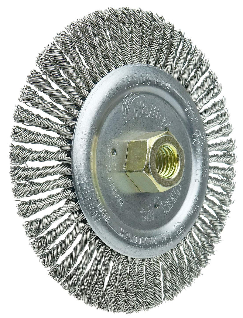 Weiler 09500 Roughneck Jr. 6" Root Pass Weld Cleaning Brush, .020" Stainless Steel Wire Fill, 5/8"-11 Unc Nut, Made in the USA 56 Knots