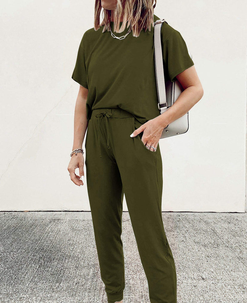 PRETTYGARDEN Women’s Two Piece Outfit Short Sleeve Pullover With Drawstring Long Pants Tracksuit Jogger Set Army Green Small