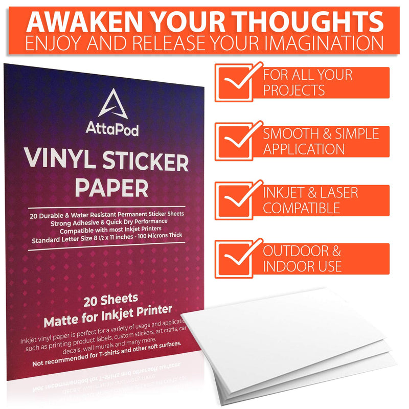 Printable Vinyl Sticker Paper Waterproof - Product Labels, Photo Stickers and More - Thick Matte Vinyl Sticker Paper for Inkjet and Laser - Quick Dry - Superior Adhesive - 8.5 x 11 Inches - 20 Sheets