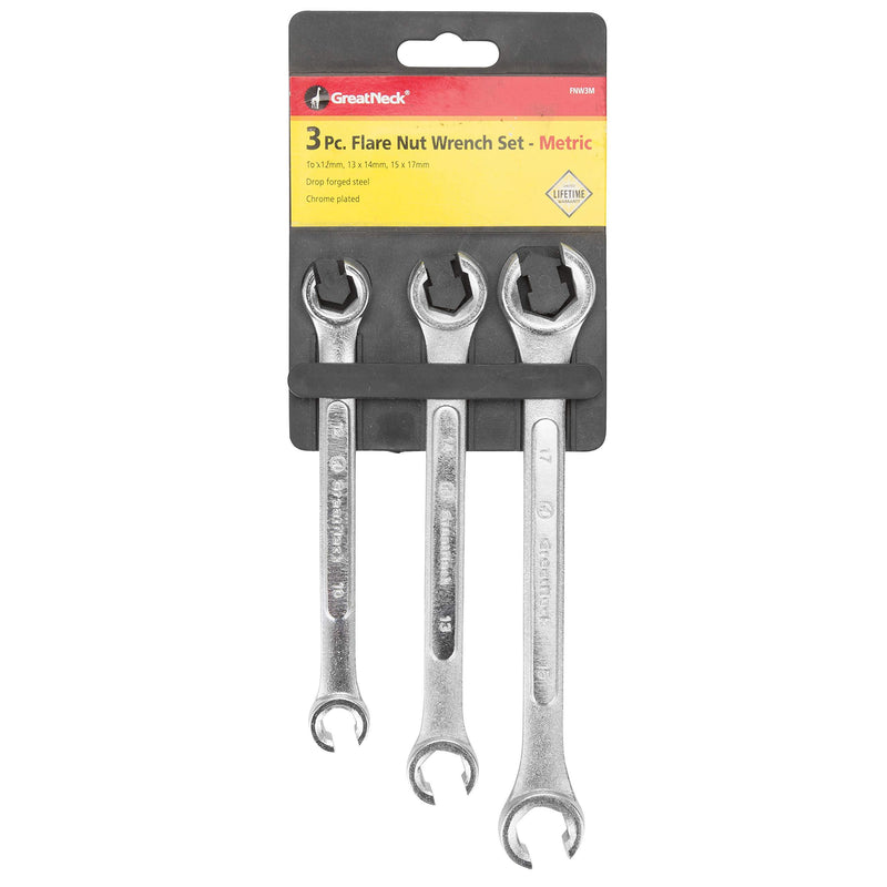 GreatNeck Metric Flare Nut Wrench Set, Open Heads For Fastening Nuts to Tubing, Grips Soft-Metaled Fasteners Without Harm, Useful Car Repair Tool, Brake Lines, Power-Steering System 3PC Set Metric