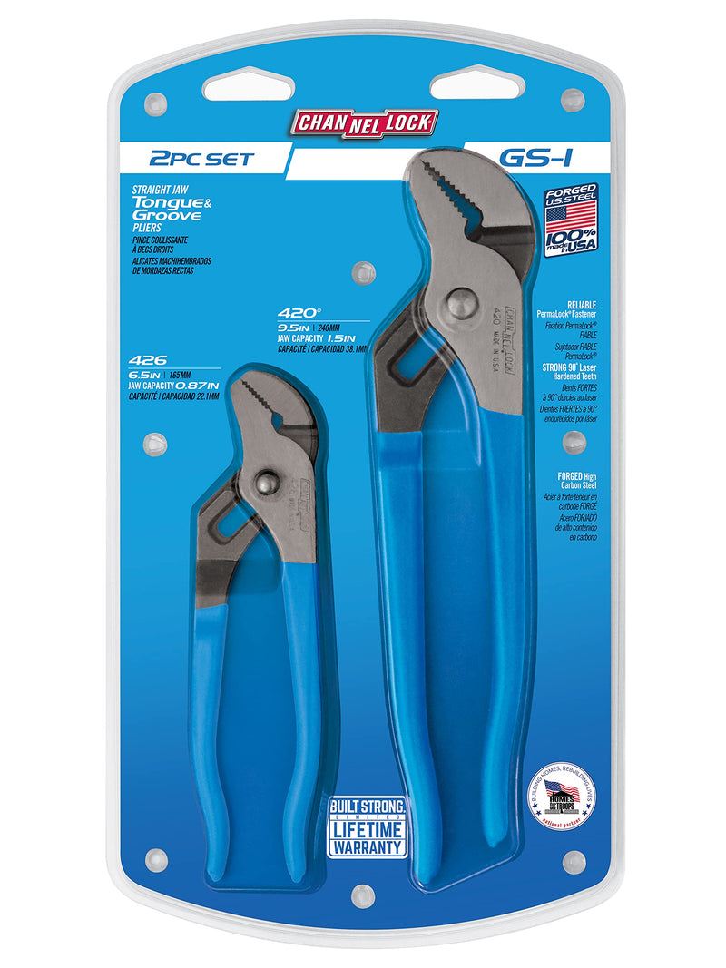 Channellock 2 Piece Tongue and Groove Pliers Set - 9.5-Inch, 6.5-Inch | Straight Jaw Groove Joint Pliers | Laser Heat-Treated 90Â° Teeth| Forged from High Carbon Steel | Patented Reinforcing Edge Minimizes Stress Breakage | Made in USA