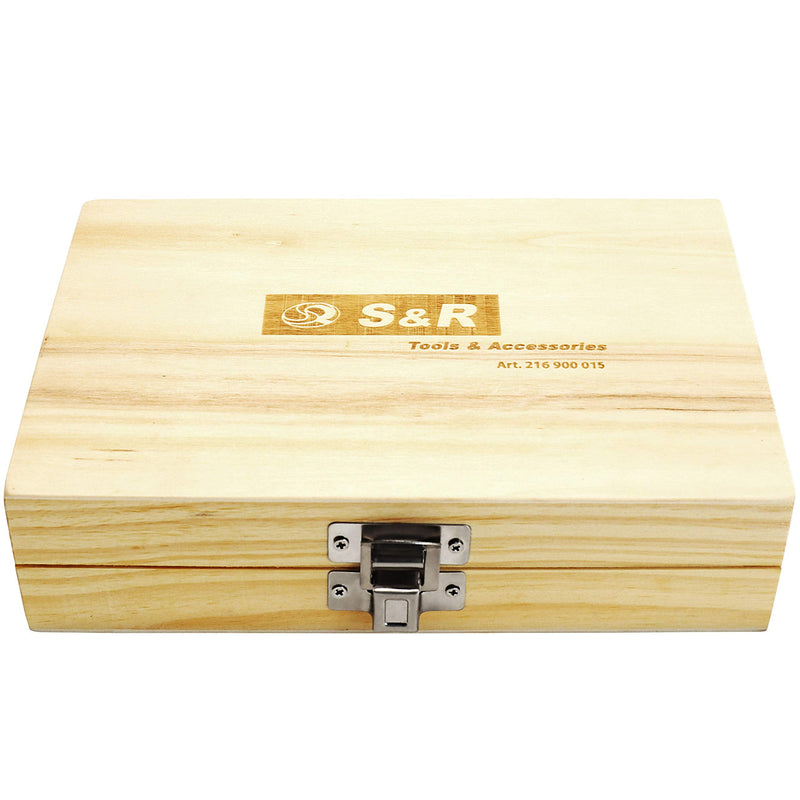 S&R wood milling cutter set HM 15 pieces, wood milling bits for 8 mm shaft, wooden case, forged tool steel, cutting plates made of HM, milling cutter for router in robust wooden box 2. Set of 15 fraises