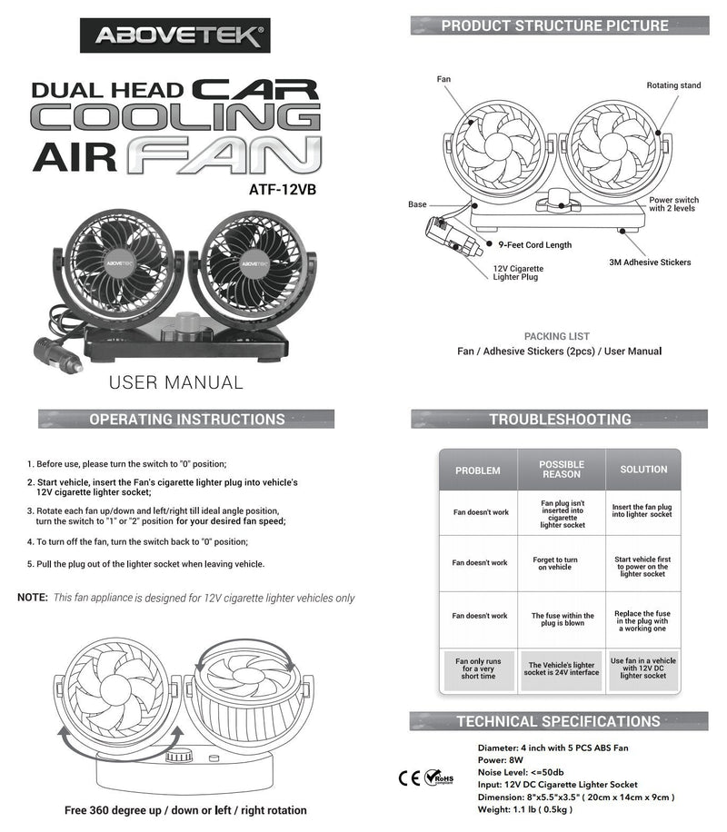 FiveJoy 360 Degree Rotatable Car Fan - 12V DC Electric 2 Speed Dual Head Fans, Quiet Strong Dashboard Cooling Air Circulator Fan for Sedan SUV RV Boat Auto Vehicles Golf or Home