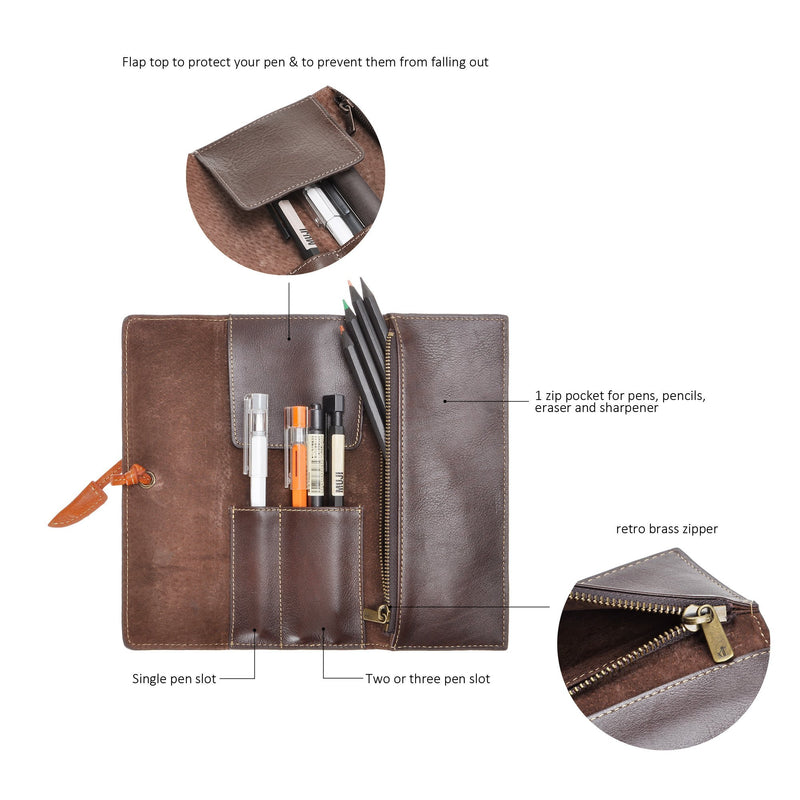 ZLYC Handmade Leather Pen Case Pencil Holder Soft Roll Wrap Bag Pouch Stationery Gift for Students, Coffee