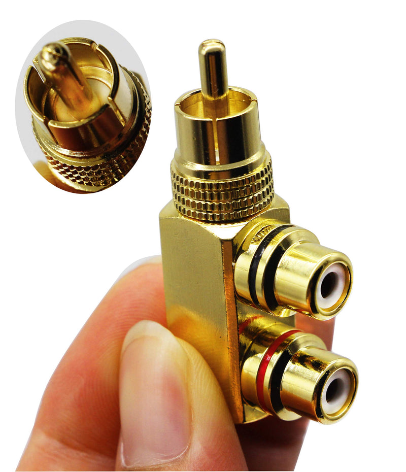 zdyCGTime RCA Splitter Adapter,90 Degree Right Angle RCA Male to 2 RCA Female Plug Audio Video Splitter Adapters Gold-Plated Metal Connector M/F(2 Pack)