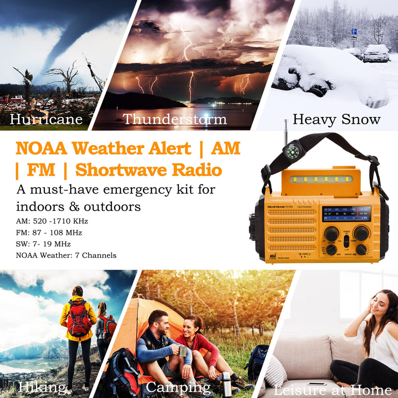Emergency Radio 5-ways Powered Crank Solar Battery Operated Portable AM FM SW NOAA Weather Alert Radio with USB Charger,Camping Flashlight,Lamp,Headphone Jack,Compass,SOS Alarm,Best Survival Equipment Orange