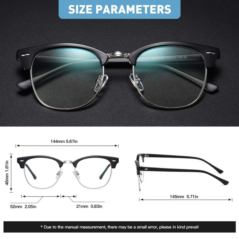 AOMASTE Blue Light Blocking Glasses Retro Semi Rimless UV400 Clear Lens Computer Eyewear For Men Women C2 Matte Black Silver Frame