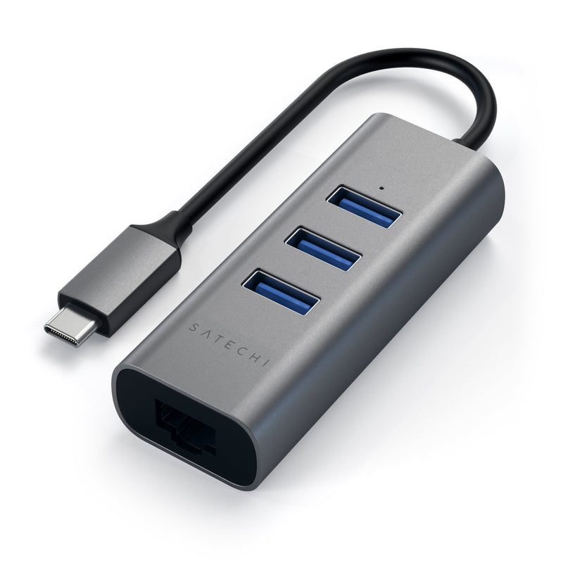 Satechi Type-C 2-in-1 USB 3.0 Aluminum 3 Port Hub with Ethernet - Compatible with 2020/2018 MacBook Air, 2020/2018 iPad Pro, 2019/2018/2017 MacBook Pro (Space Gray) Space Gray