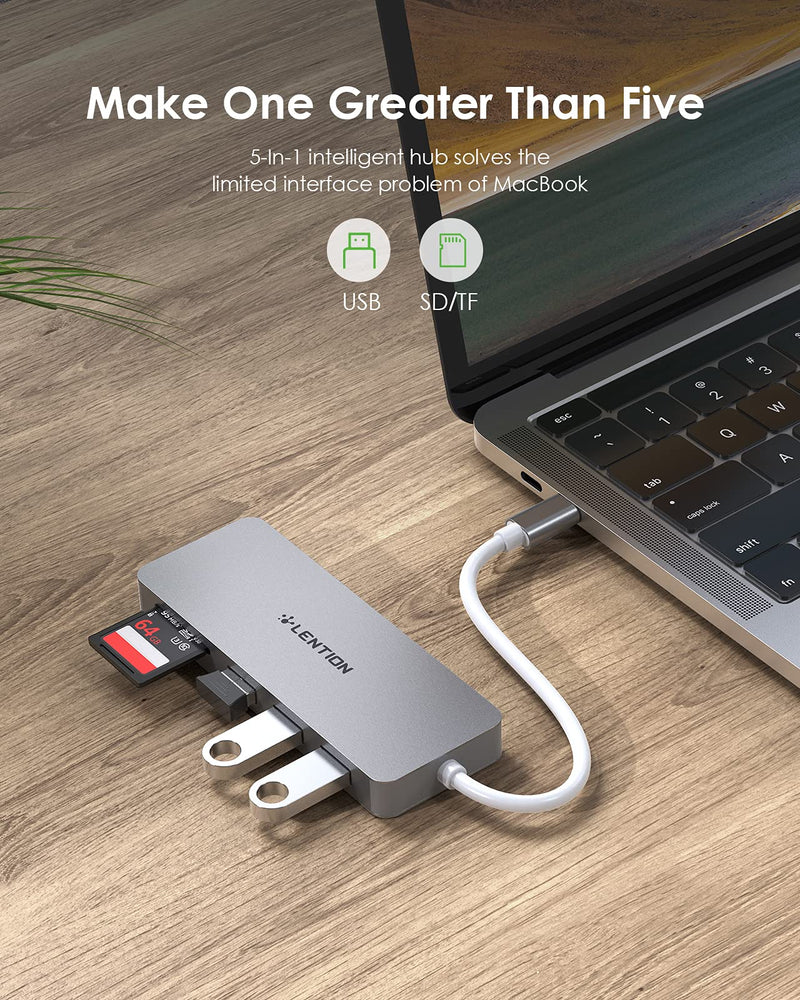 LENTION USB C Hub with 3 USB 3.0 & SD/Micro SD Card Reader Compatible 2021-2016 MacBook Pro 13/15/16, New Mac Air/iPad Pro/Surface, More, Stable Driver Certified Type C Adapter (CB-C15, Space Gray)