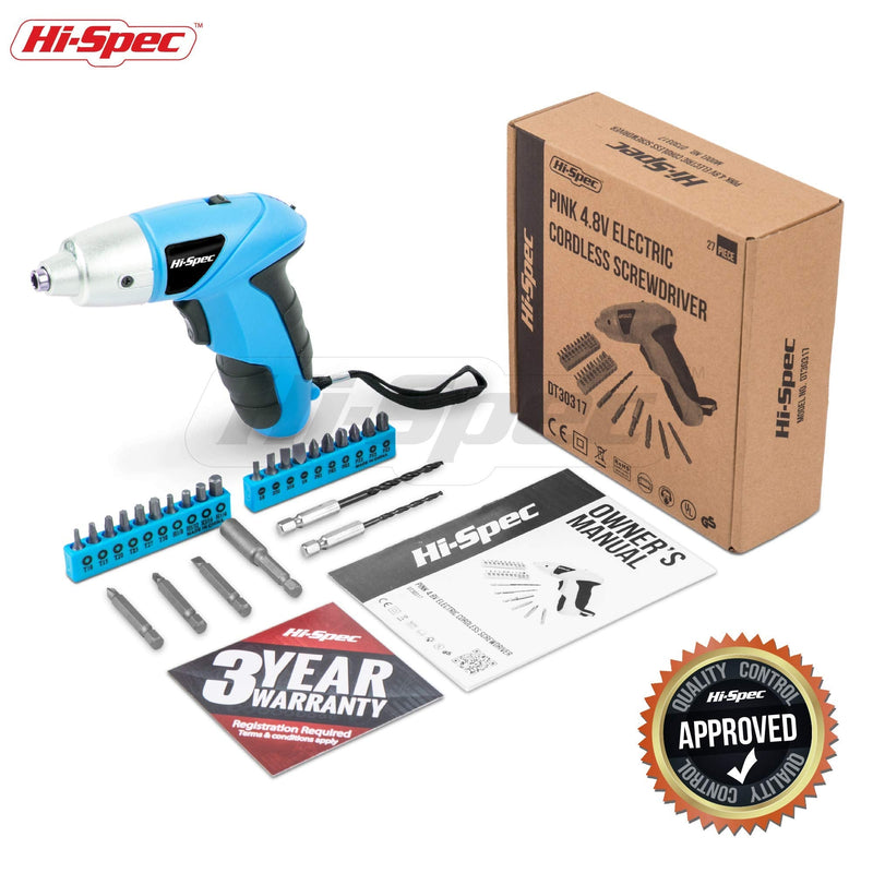 Hi-Spec 27 Piece Blue 4.8V Electric Cordless Power Screwdriver & Bit Set. Lightweight & Easy to Use Rechargeable Battery Screwdriving for the Home & Office