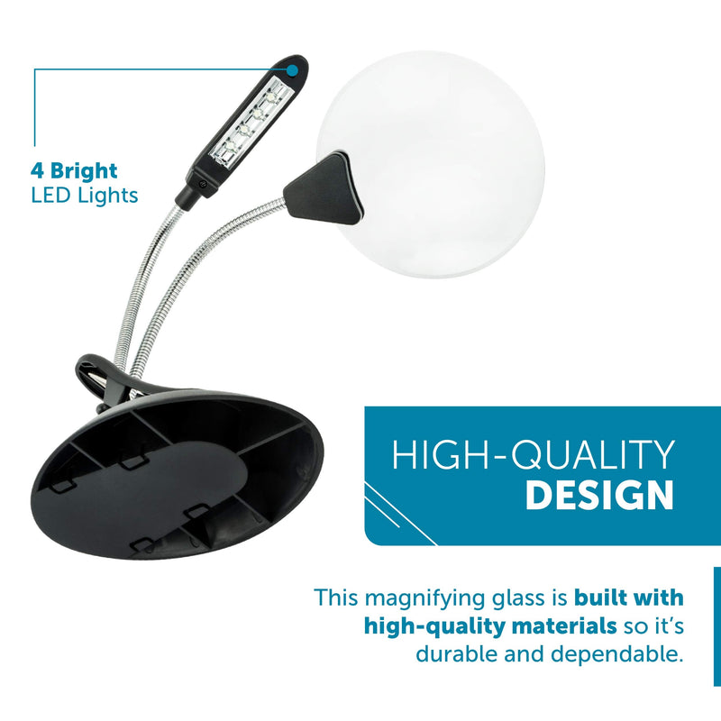 WITHit Table Magnifier with Light and Stand, 4” Lens, Black – 2X Magnifier with 4X Bubble, LED Magnifying Glass for Reading, Removeable Clip/Table Stand and USB Cord Included