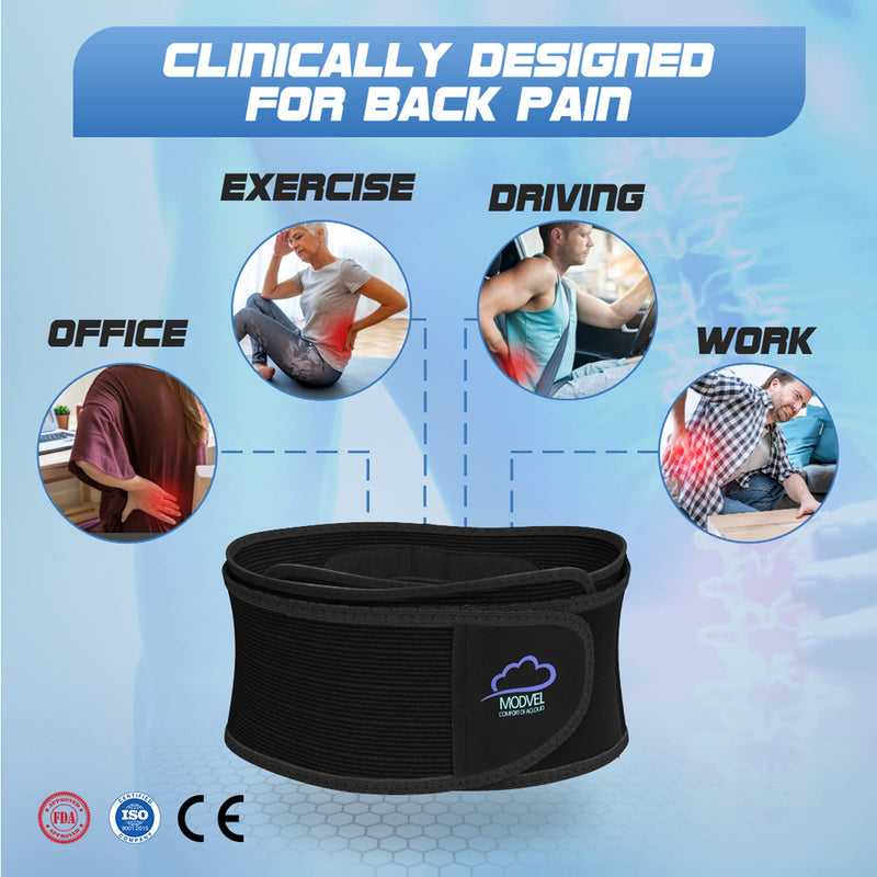 MODVEL Back Brace - Immediate Relief from Back Pain, Herniated Disc, Sciatica, Scoliosis | FSA or HSA eligible | Breathable Waist Lumbar Lower Back Support Belt with Removable Pad. Black Small/Medium/Large