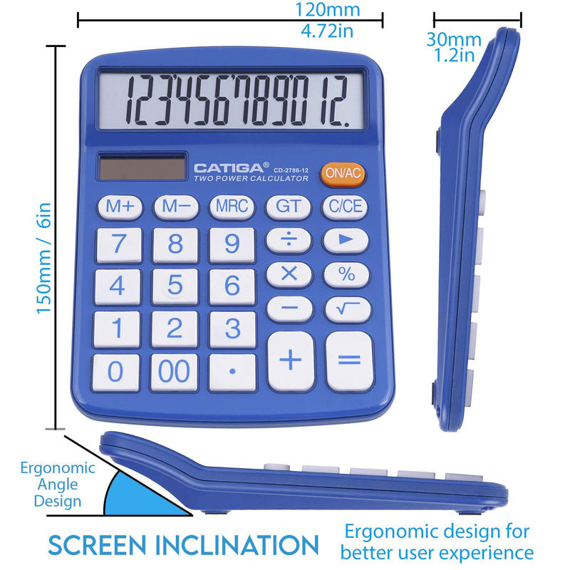 Desktop Calculator 12 Digit with Large LCD Display and Sensitive Button, Solar and Battery Dual Power, Standard Function for Office, Home, School, CD-2786 (Blue) Blue