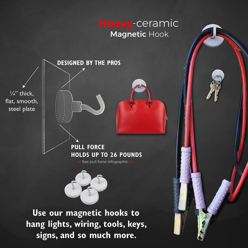 Master Magnetics Magnetic Hooks | Pack of 4 Heavy Duty Ceramic Hooks | 26 Pound Pull Force | MHHH26X4, White
