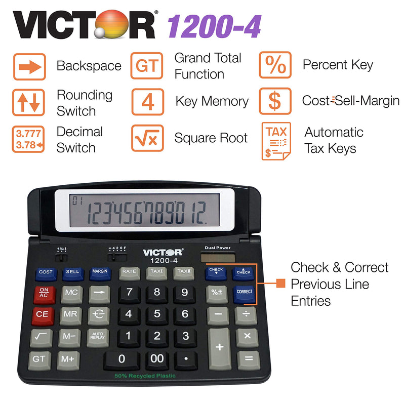 Victor 1200-4 12-Digit Large Professional Desktop Calculator, Battery and Solar Hybrid Powered Tilt LCD Display, Great for Home and Office Use, Black 1-Pack