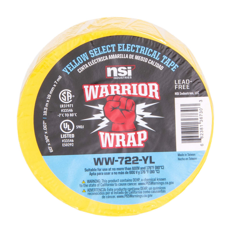 NSi Industries WarriorWrap Select 3/4 in. x 60 ft. 7 mil Vinyl Electrical Tape, Yellow (WW-722-YL)