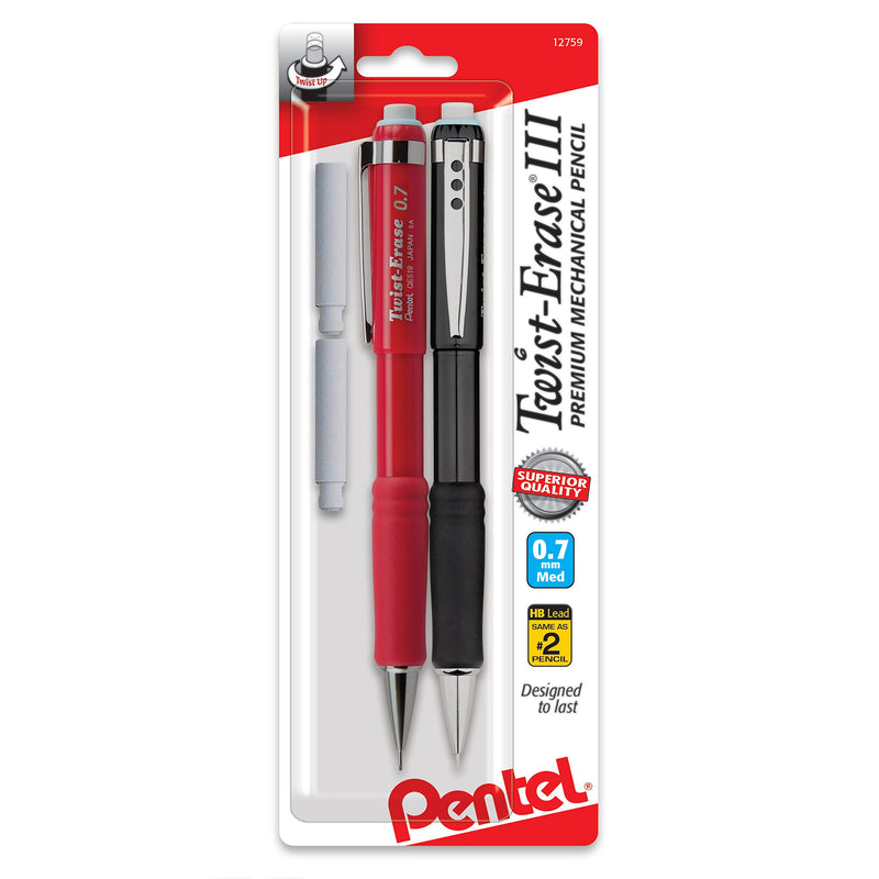 Pentel Twist-Erase III Automatic Pencil with 2 Eraser Refills, 0.7mm, Assorted Barrels, 2 Pack (QE517BP2-K6) 2 pencils + 2 Eraser Single