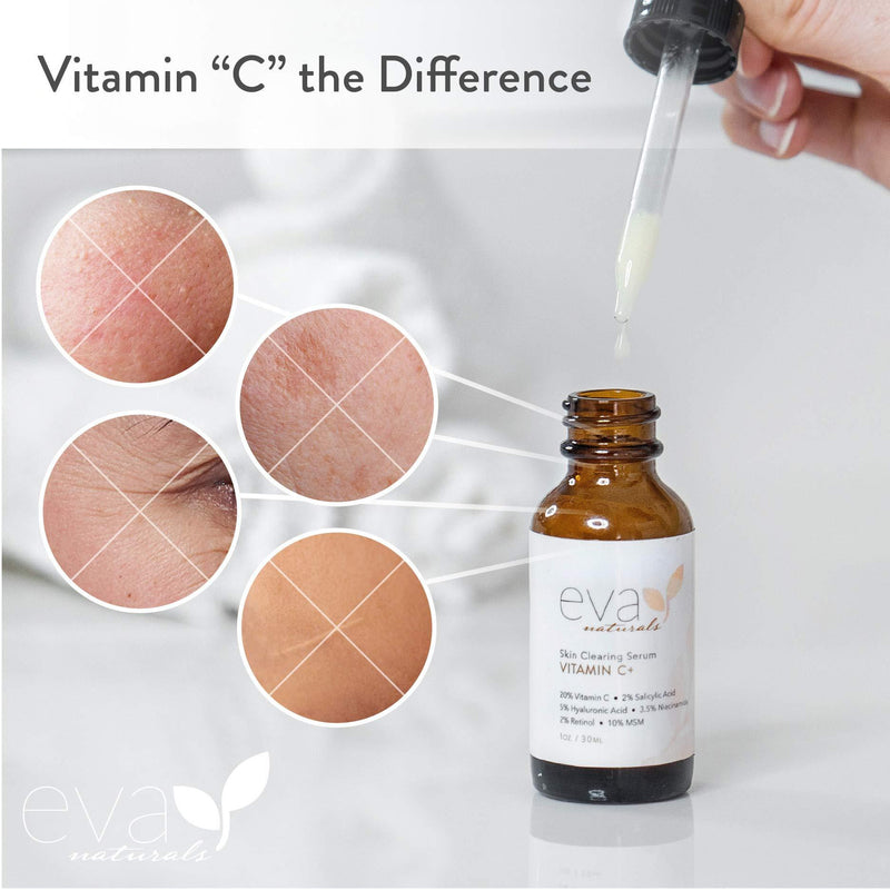 Eva Naturals Vitamin C Serum Plus 2% Retinol, 3.5% Niacinamide, 5% Hyaluronic Acid, 2% Salicylic Acid, 10% MSM, 20% Vitamin C - Skin Clearing Serum - Anti-Aging Skin Repair, Face Serum (1 oz) 1 Ounce (Pack of 1)