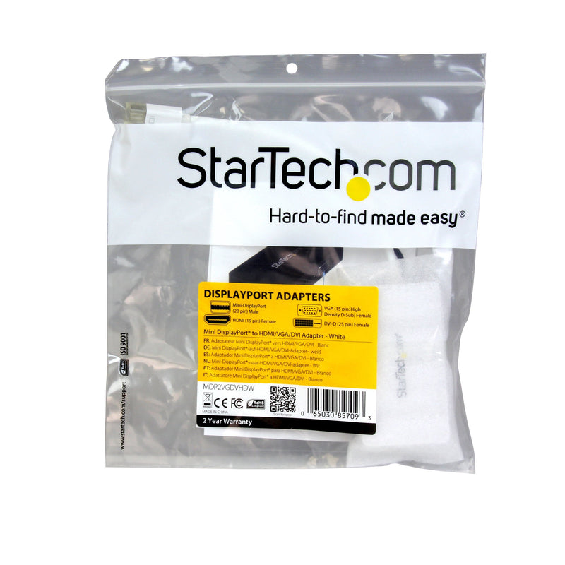 StarTech.com Travel A/V Adapter: 3-in-1 Mini DisplayPort to VGA DVI or HDMI Converter - White (MDP2VGDVHDW) VGA - DVI - HDMI (Black) Mini DisplayPort (Input)