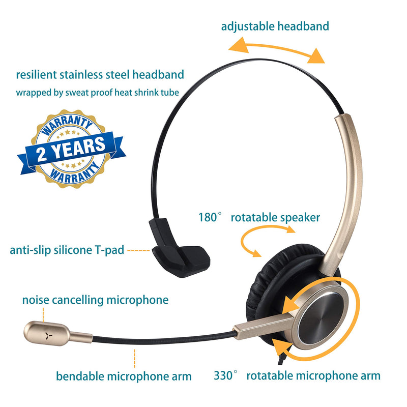 USB VoIP Headset for Teleconference, Video Conferencing Headset for PC, Professional Headset for Business Office Work from Home, Monaural Work Headset with Mute Button and Noise Cancelling Microphone Gold Single Ear
