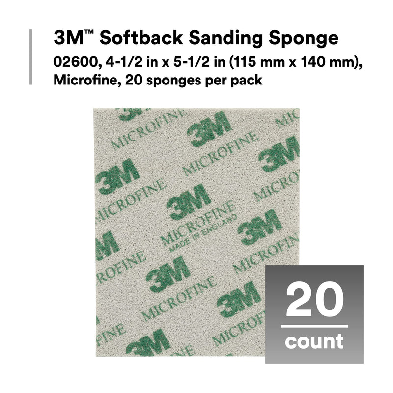 3M Softback Sanding Sponge, 02600, 4-1/2 in x 5-1/2 in, (115mm x 140mm), Microfine, 20 sponges per pack Very Fine