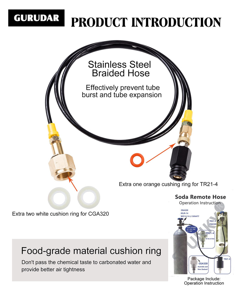 GURUDAR CO2 Cartridges CO2 Tank Direct Adapter with 60Inch High Pressure Hose, CGA320 CO2 Cylinder to Sparkling Water Maker Soda Maker direct Connector for SodaStream Drinkmate Aarke Black