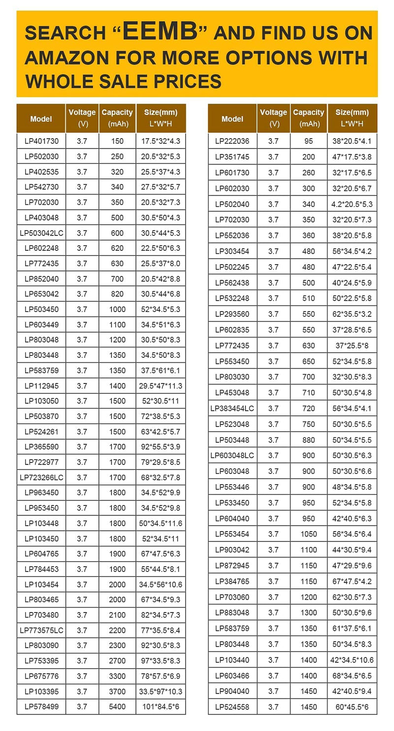 EEMB 3.7V Lithium ion Polymer Battery 2000mAh 103454 Lipo Battery Rechargeable Lithium Polymer ion Battery with JST Connector 1