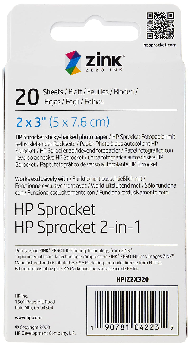 HP Sprocket 2x3" Premium Zink Sticky Back Photo Paper (20 Sheets) Compatible with HP Sprocket Photo Printers. 20 Sheets Zink Paper
