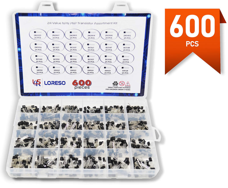 Transistor Assortment Kit Box by Loreso - 600 Piece 24 Value NPN PNP Transistor Box 2N2222 2N2907 BC327 BC337 BC556 2N3903 S9012 for Hobby Electronics, Audio-Video, Repair & Electronic Projects