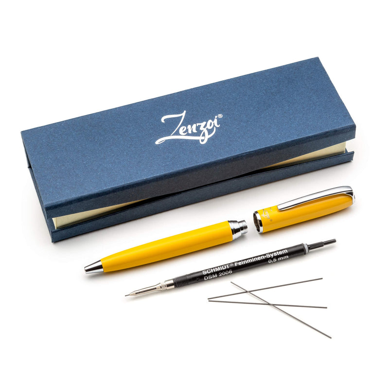 ZenZoi Yellow Mechanical Pencil with Premium Schmidt Lead 0.5mm System. Elegant Full Metal Body Pencil For Sketching, Drafting, Writing, Note Taking. Luxury Gift Box for Men and Women(0.5 mm, Yellow) 0.5 mm