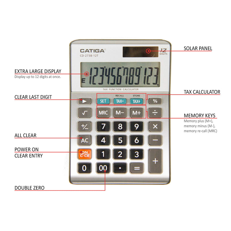 12-Digit Business Calculator - CATIGA CD-2738-12T - Dual-Power - Tax Calculator Silver