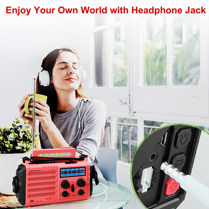 Portable Emergency Radio Hand Crank Solar AM/FM/SW/NOAA Weather Alert Radio 5000 Rechargeable with USB Charger, Flashlight, Reading Lamp, SOS Alarm, Headphone Jack, Survival Camping Gear Red