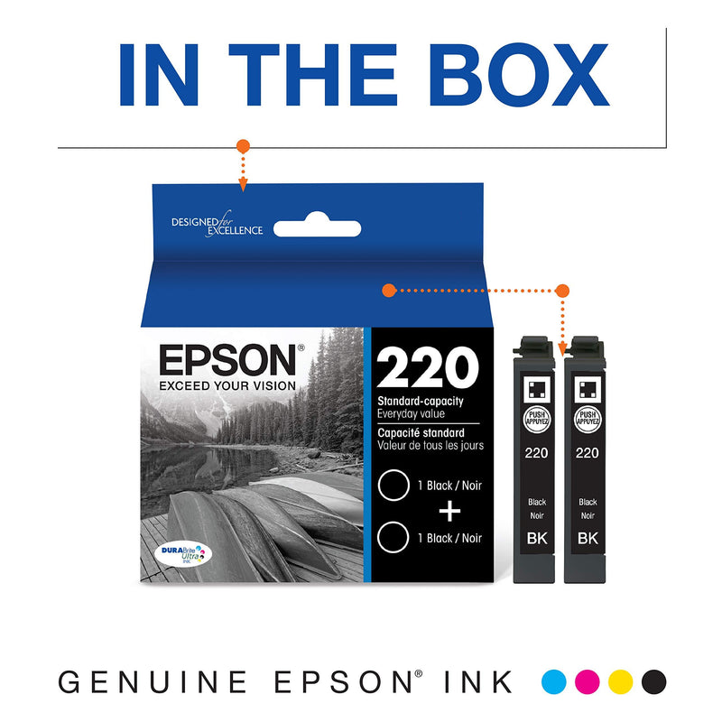 EPSON T220 DURABrite Ultra Ink Standard Capacity Black Dual Cartridge Pack (T220120-D2) for select Epson Expression and WorkForce Printers