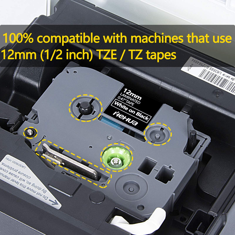 Hehua Compatible Label Tape Replacement for Brother TZe Tape 12mm 0.47 Laminated TZe-335 TZe335 Label Maker Tape for PT-D210 PTH110 PT-D600 PT-H100 PT-D200 PT-D400 PT1280 ( White on Black, 6-Pack )