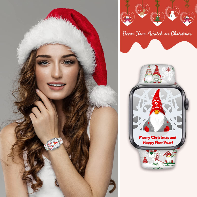 Christmas Silicone Bands Compatible for Apple Watch 38mm 40mm 41mm 44mm 42mm 45mm, Xmas Adjustable Soft Sports Wristband Strap for iWatch SE & Series 7/6/5/4/3/2/1 Christmas Gnome White 38mm/40mm/42mm