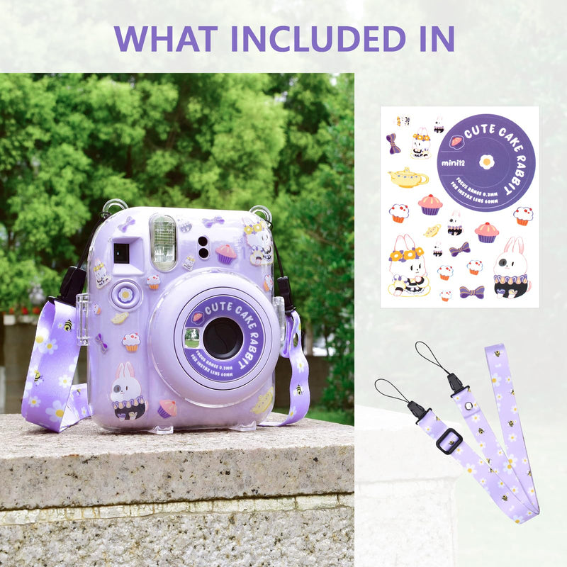 HIYQIN Upgrated Clear Case for Fujifilm Instax Mini 12 Instant Camera, Polaroid Instax Mini 12 Protective Cover Hard PVC Transparent Case with Adjustable Shoulder Strap and DIY Sticker (Purple) Original-Clear Case+2 Accessories Purple